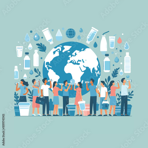 world water day people filling bottles clean flat vector illustration