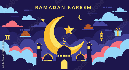Ramadan Kareem Greeting with Crescent Moon, Star, and Mosque Silhouette on Cloudy Night Sky
