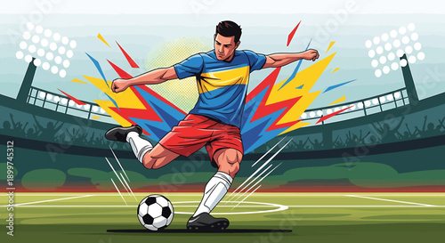 Dynamic illustration of a soccer player in action during a thrilling match on a brightly lit stadium field with explosive background effects