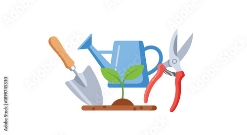 Gardening Set with Blue Watering Can Trowel Pruners and a Young Sprouting Plant Illustration, Generative AI.