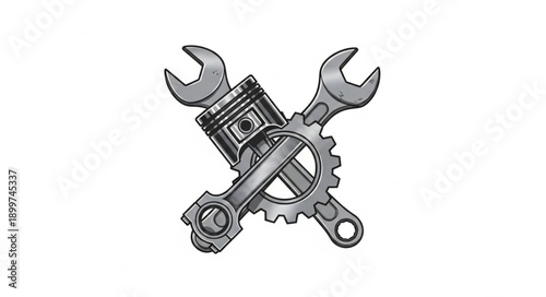 Automotive Engine Piston and Tools Illustration.