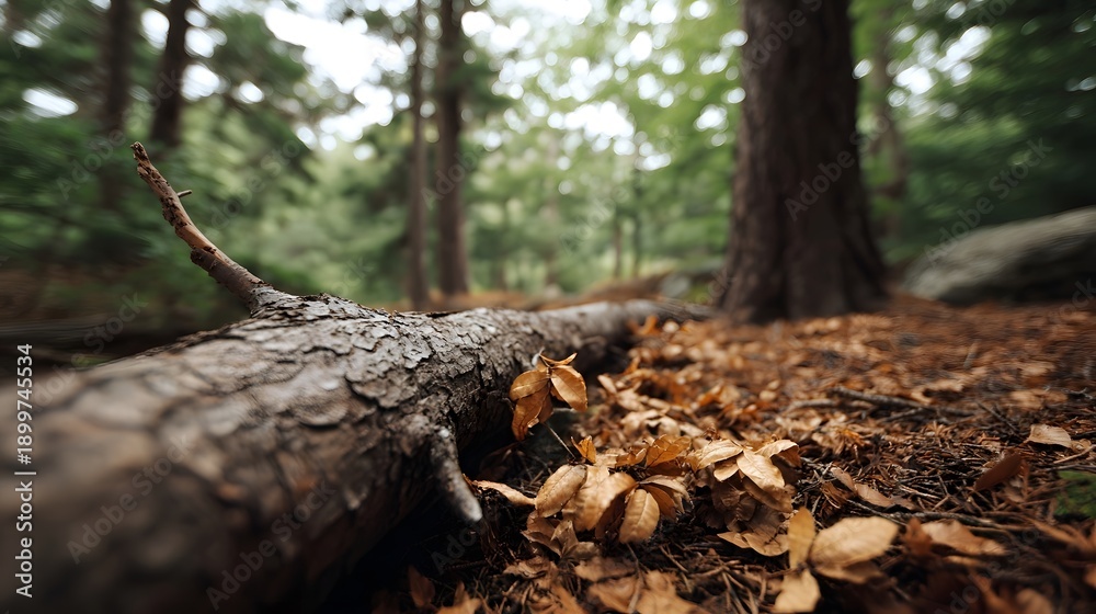 Obraz premium Fallen tree branch covered in dry leaves on a forest floor with blurred trees in the background
