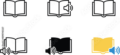 Audio book icons set with sound speaker symbols isolated line and solid vector illustration for education apps