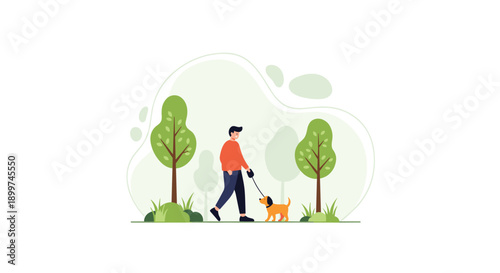 Man Walking a Dog in a Public Park with Green Trees and Stylized Nature Background Illustration, Generative AI.