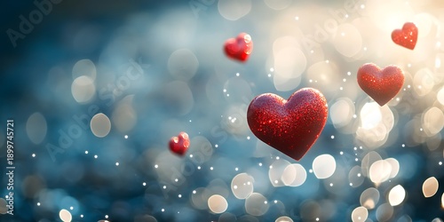 Red hearts floating on blue background with bokeh lights Valentine's Day love