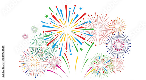 Colorful abstract fireworks exploding in a white background, celebrating new year's eve or special occasions with a vibrant display