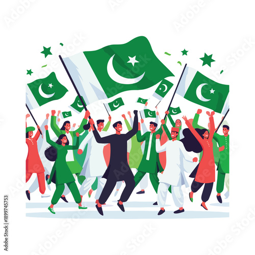 people celebrating pakistan independence day flat solid color vector
