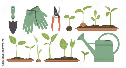 Set of Gardening Tools and Spring Seedlings including Trowel Gloves Pruners and Watering Can, Generative AI.