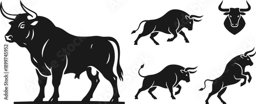 Set of black bull silhouettes in various poses, including charging, standing and jumping, concept of strength, power and bull market.
