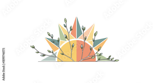 Stylized Geometric Sun Design with Budding Tree Branches in Minimal Illustration Style Representing Spring Sunrise Warmth and New Growth in Nature, Generative AI.