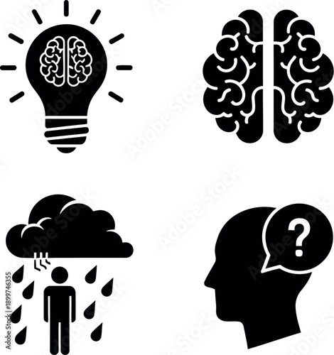 Four icons representing human cognition, creativity, uncertainty, and emotional state
