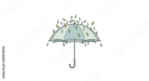 Light Blue Umbrella with Raindrops Falling and Green Leaves Drifting Around in Minimal Vector Illustration Style Representing Spring Showers and Seasonal Weather Changes, Generative AI.