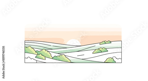 Snowy Landscape with Layered White Hills Small Green Bushes and Rising Sun in Minimal Flat Vector Illustration Style Representing the Transition from Winter to Early Spring, Generative AI.