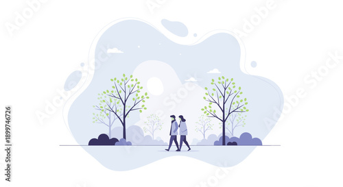 Couple Walking Together in a Foggy Park with Blossoming Trees in Blue and Purple Tones in Minimal Vector Illustration Style Representing a Romantic Spring Stroll, Generative AI.