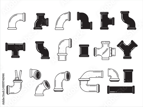 Collection of various plumbing pipe fittings and connectors in black and white