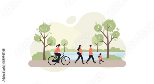 People Enjoying Outdoor Activities Cycling And Walking Along A Riverside Park Path With Green Trees And Calm Water In Spring Season Healthy Lifestyle Concept Illustration, Generative AI.