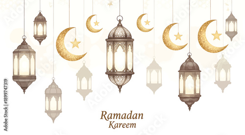 Ramadan kareem greeting with lanterns and crescent moons