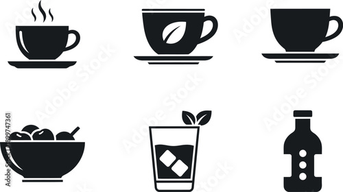 Assorted beverage and food icons featuring coffee, tea, and snacks