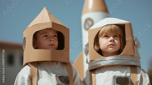 children dressed as astronauts playing with cardboard rocket