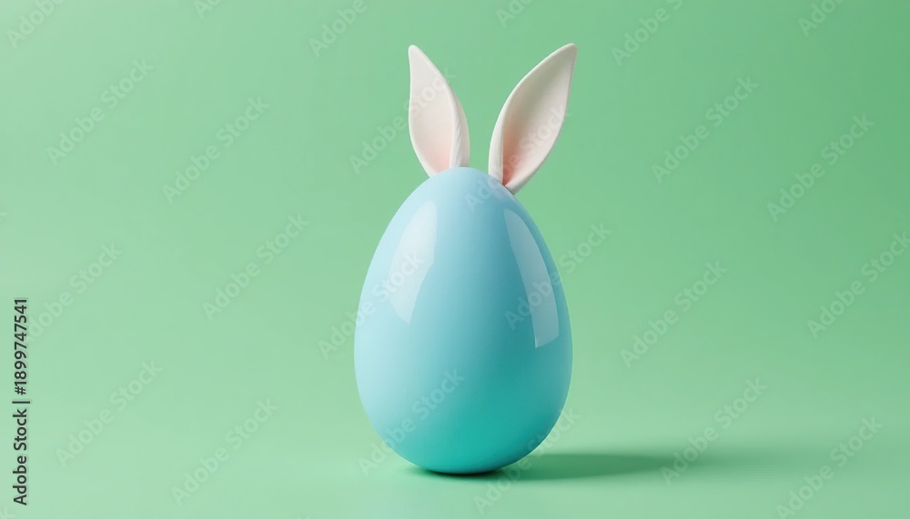 Fototapeta premium Easter holiday concept. A single blue egg with white bunny ears stands against a solid green background, decoration, spring season, festive, celebration, minimalist.