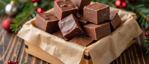 Delicious chocolate fudge squares arranged in wooden box, surrounded by festive decorations, creating warm holiday atmosphere