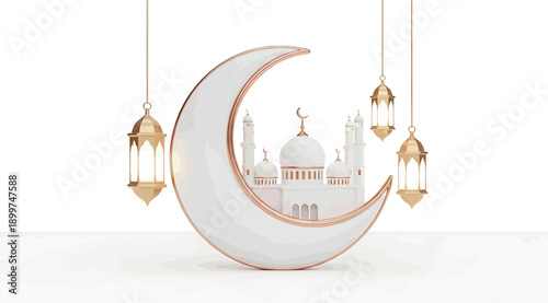 A crescent moon with a mosque and hanging lanterns