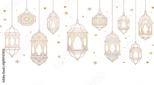 A collection of hanging lanterns on a white background