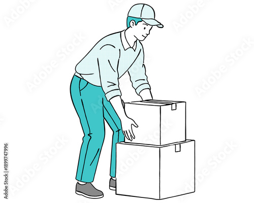段ボール箱を持ち上げて運ぶ作業員の人物線画｜物流・引っ越し・倉庫作業・荷物運搬