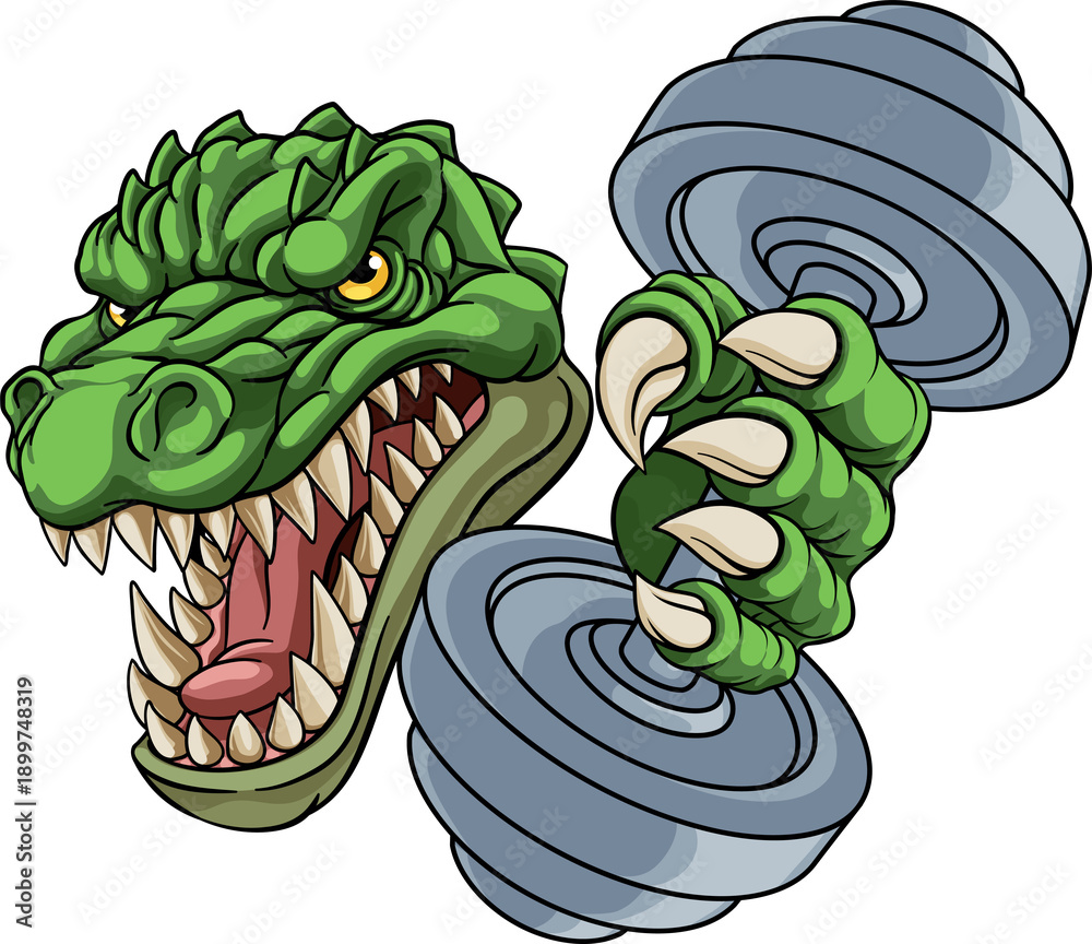Fototapeta premium A crocodile, dinosaur or alligator lizard weight lifting trainer, exercise or body building gym cartoon sports mascot holding weights dumbbell