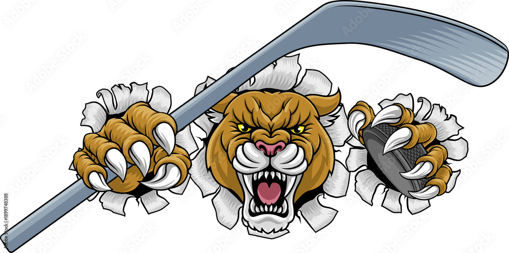 Fototapeta premium Cougar, panther, mountain lion or puma wildcat cat ice hockey sports mascot holding a hockey puck and stick