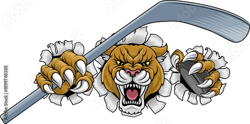 Canvas Print Cougar, panther, mountain lion or puma wildcat cat ice hockey sports mascot hold