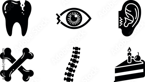 Collection of icons representing health, senses, and celebration