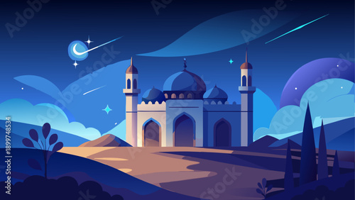 Fantasy mosque landscape with starry sky and moon