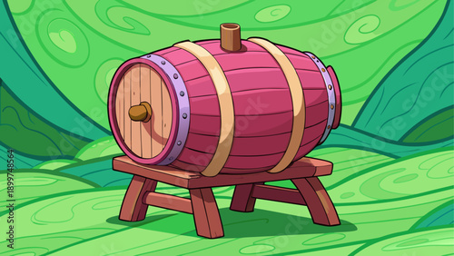 Vibrant cartoon wine barrel on green background
