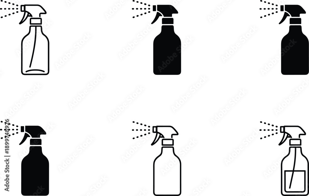 Fototapeta premium Spray bottle icon set featuring trigger sprayers in minimalist line art and solid black silhouettes for cleaning and gardening concepts.