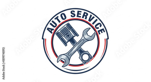Auto Service Emblem with Piston and Wrenches.