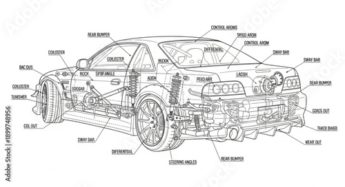 Automobile Mechanical Diagram Detailed View.
