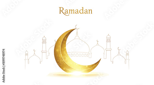 Ramadan kareem greeting with golden crescent moon and arabic calligraphy