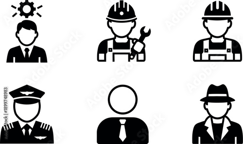 Illustrations of various professional and occupational icons in black and white