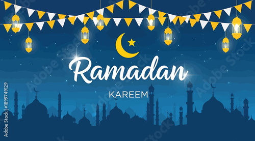 Ramadan kareem greeting with mosque silhouette and lanterns