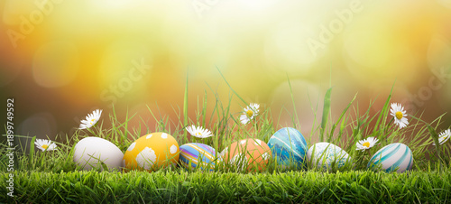 Canvas Print Seven painted easter eggs celebrating a Happy Easter on a spring day with a green grass meadow, bright sunlight and a warm oranged coloured background with copy space