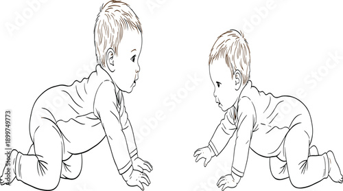 Two cute babies crawling towards each other line art illustration vector set of infant characters isolated on white for nursery.