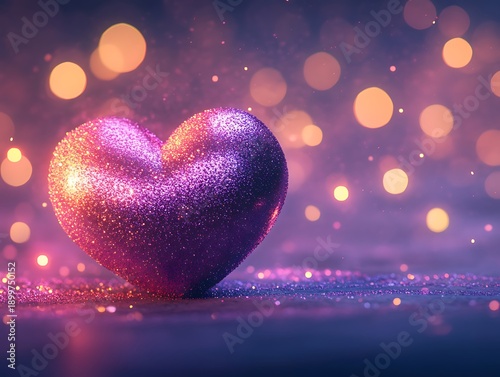 Pink heart with glitter on purple background sparkles