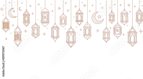 A row of hanging lanterns and stars on a white background