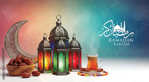 Ramadan kareem greeting with lanterns and dates