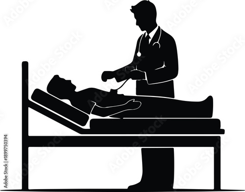 Silhouette doctor performing ultrasound examination on patient in hospital bed illustration vector