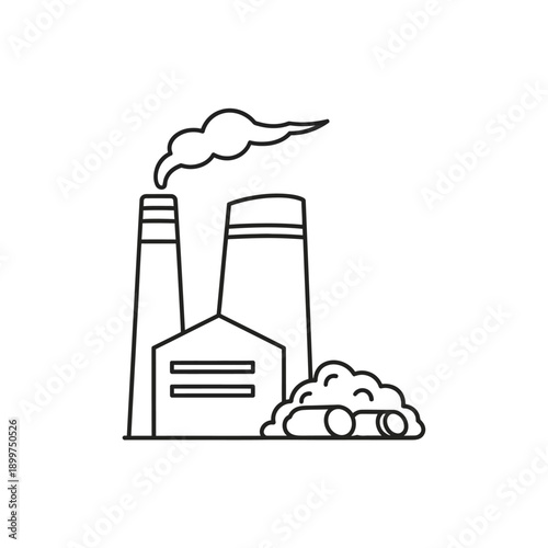 Factory with smoking chimney and wood logs, industrial line icon