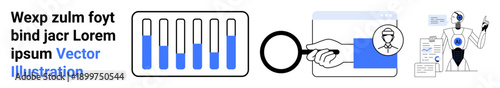 Test tubes with liquid levels, magnifying glass over a digital screen, AI robot analyzing data, abstract and futuristic science. Ideal for research, technology, AI, education, innovation discovery