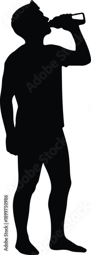 Silhouette man drinking refreshing water from a plastic bottle illustration vector