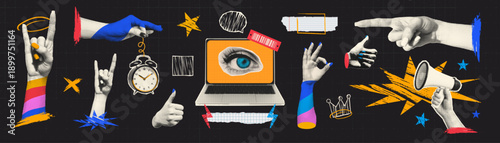 Funky halftone collage with expressive hand gestures, laptop, megaphone, paper scraps, and starbursts on dark background. Bold retro zine-style design for posters or digital art.